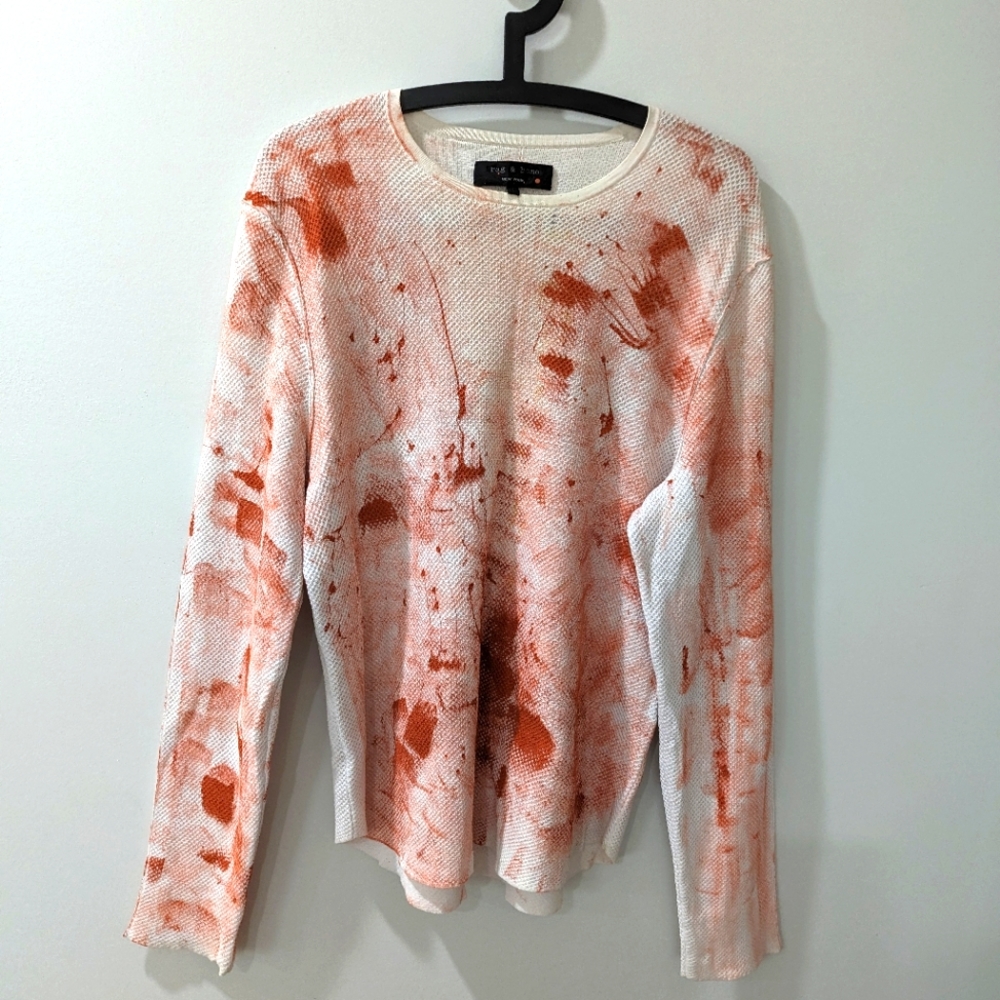 rag & bone White Long Sleeve Mesh Tee with Orange Paint Detail